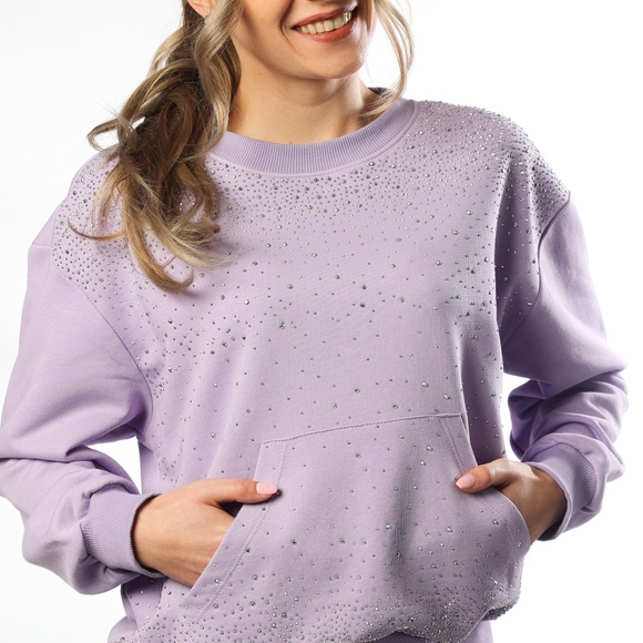 New Shiny Crewneck Sweatshirt, Lightweight Pullover, Oversized Rhinestone Hoodie - Picture 5 of 16